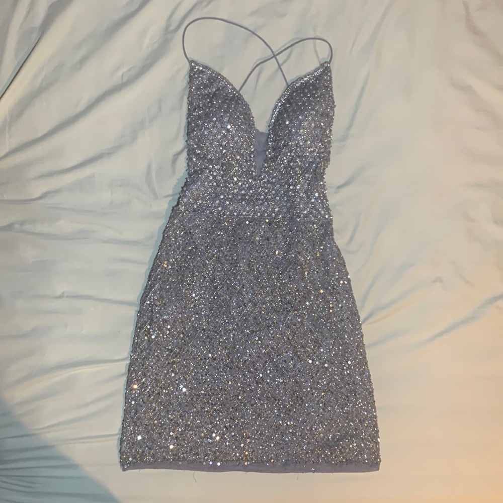 Primavera Couture Short Silver/Gray with Gold Sequence Dress; Size 6